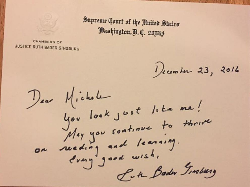 PHOTO: Michele Threefoot, 8, received a handwritten letter from Supreme Court Justice Ruth Bader Ginsburg after dressing as Ginsburg for superhero day at her elementary school.