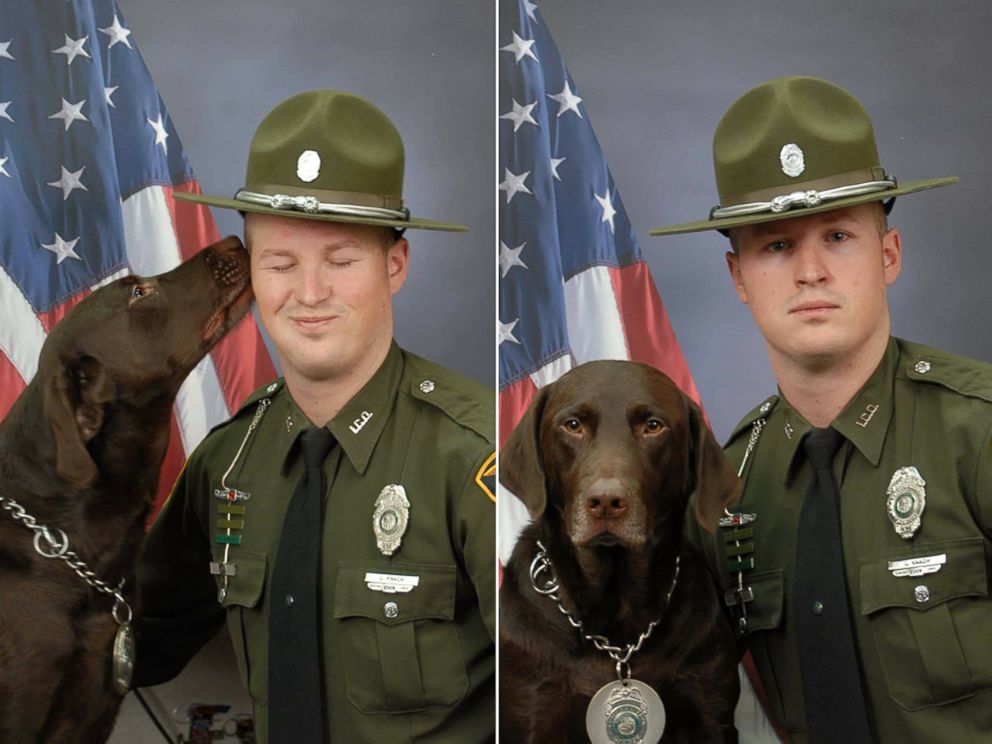 PHOTO: Indiana Conservation Officer Levi Knach's K-9 dog partner wouldn't stop licking his face during his work portraits. 