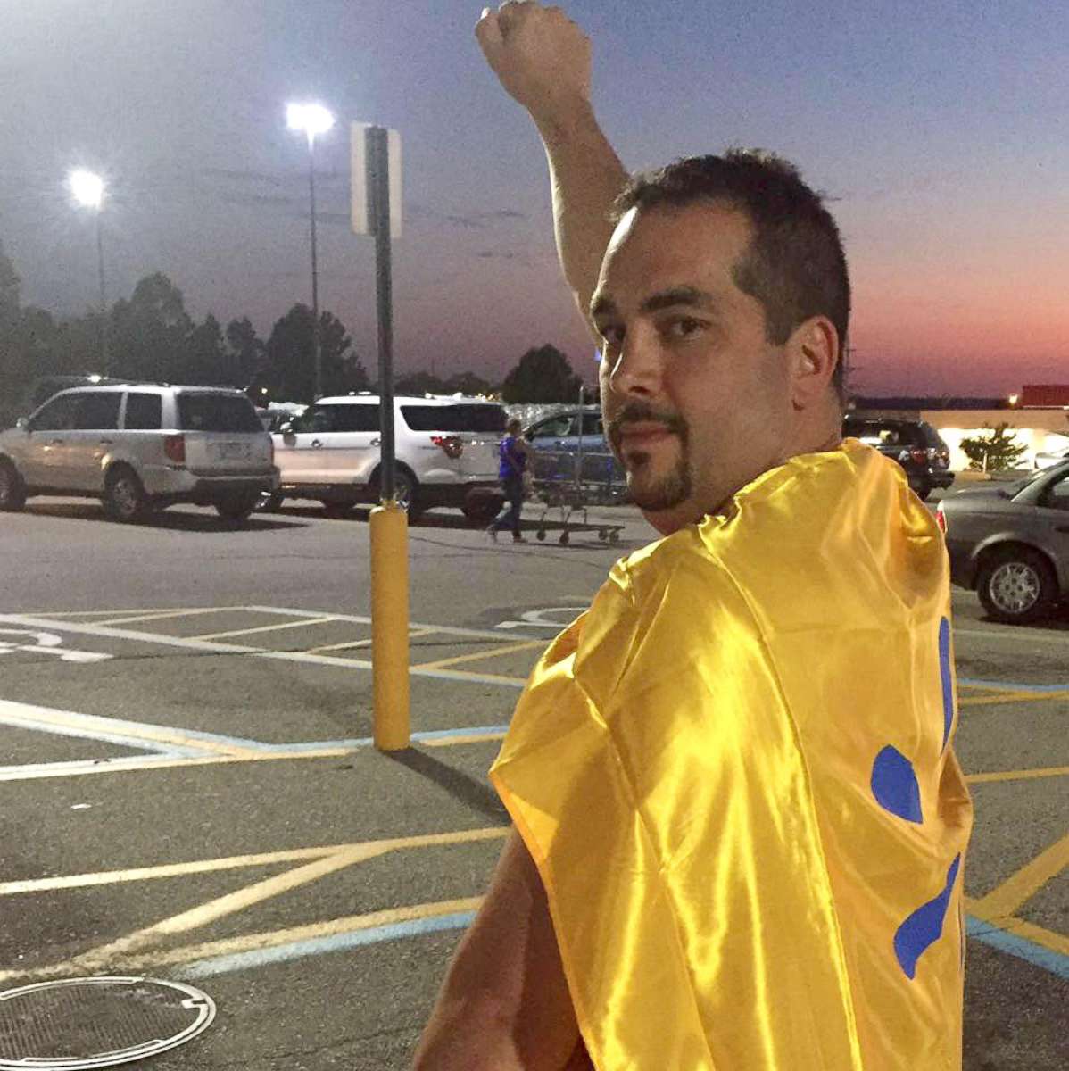 PHOTO: James Fruits was given a $10 Walmart giftcard and a Walmart cape after singing the national anthem over an intercom at a Walmart supercenter in Osage Beach, Missouri on July 8. 