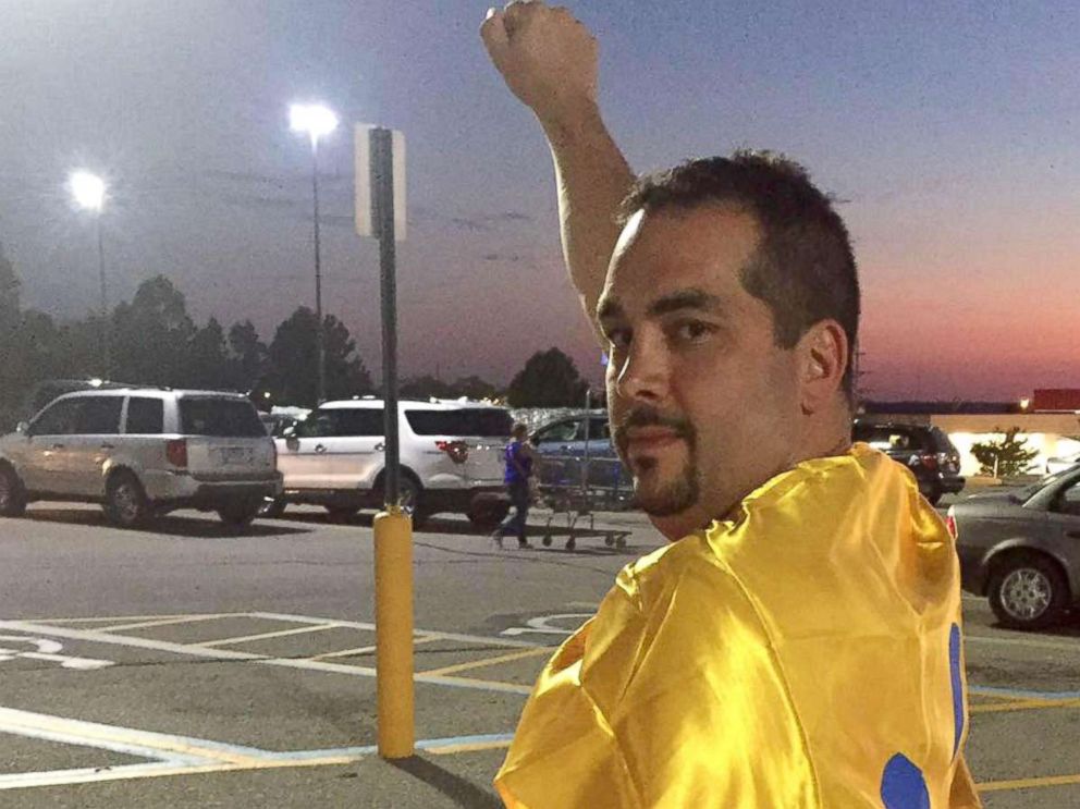 PHOTO: James Fruits was given a $10 Walmart giftcard and a Walmart cape after singing the national anthem over an intercom at a Walmart supercenter in Osage Beach, Missouri on July 8.
