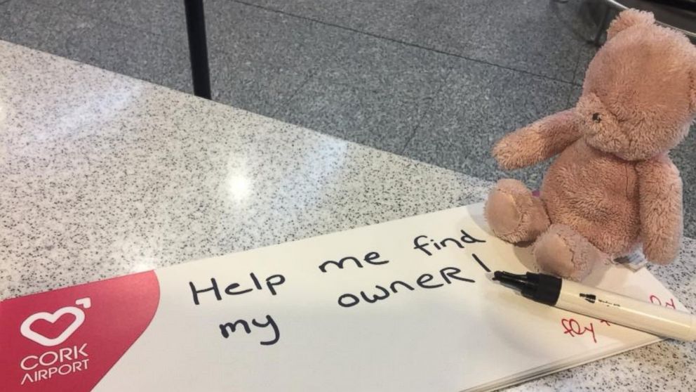 The internet is trying to help reunite this pink teddy bear, lost at an Ireland airport, with its owner.
