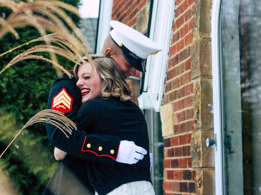 PHOTO: Jon Trommer, a Marine, surprised his girlfriend by popping the question on her snowy doorstep.