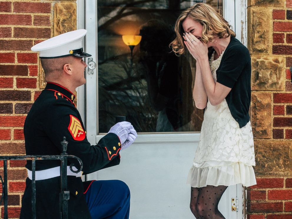 PHOTO: Jon Trommer, a Marine, surprised his girlfriend by popping the question on her snowy doorstep.