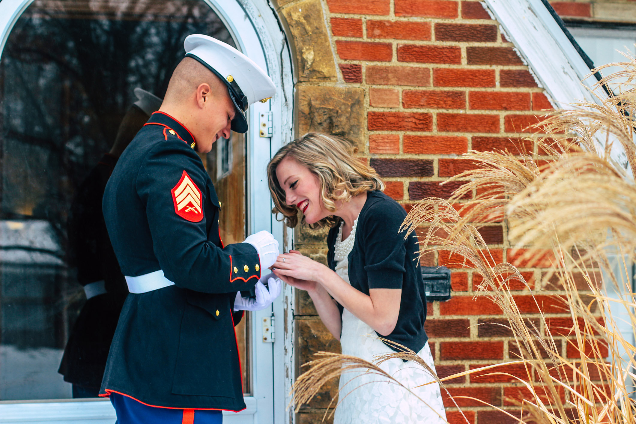PHOTO: Jon Trommer, a Marine, surprised his girlfriend by popping the question on her snowy doorstep.