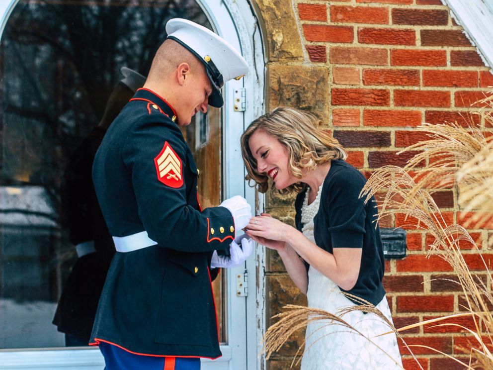PHOTO: Jon Trommer, a Marine, surprised his girlfriend by popping the question on her snowy doorstep.