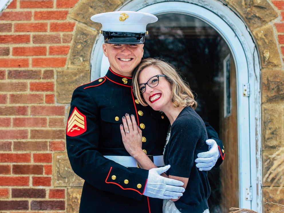 PHOTO: Jon Trommer, a Marine, surprised his girlfriend by popping the question on her snowy doorstep.