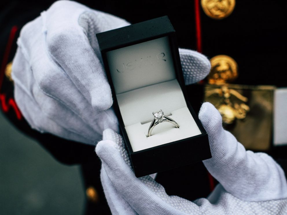 PHOTO: Jon Trommer, a Marine, surprised his girlfriend by popping the question on her snowy doorstep.