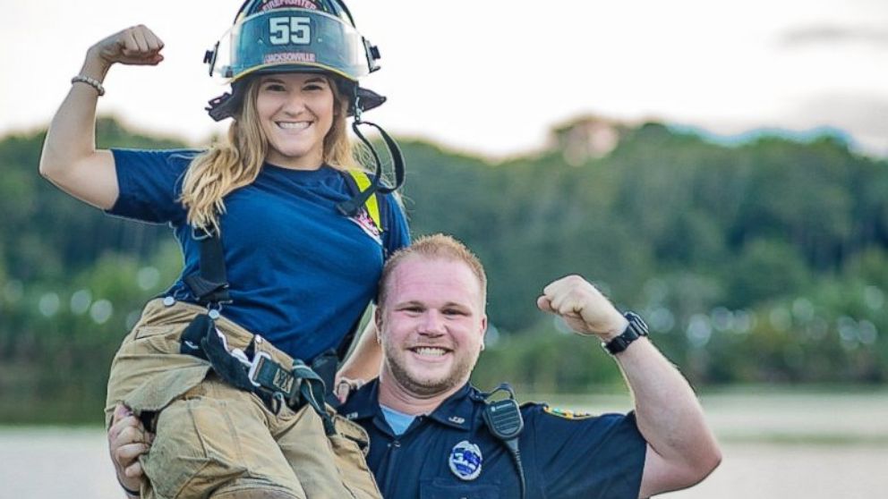 PHOTO: Mirza Crnolic, 31, a police officer with the Jacksonville Sheriff's Office in Jacksonville, Florida, seen with his wife, Caroline Crnolic, 27, a firefighter for the Jacksonville Fire and Rescue Department, in an undated engagement photo.