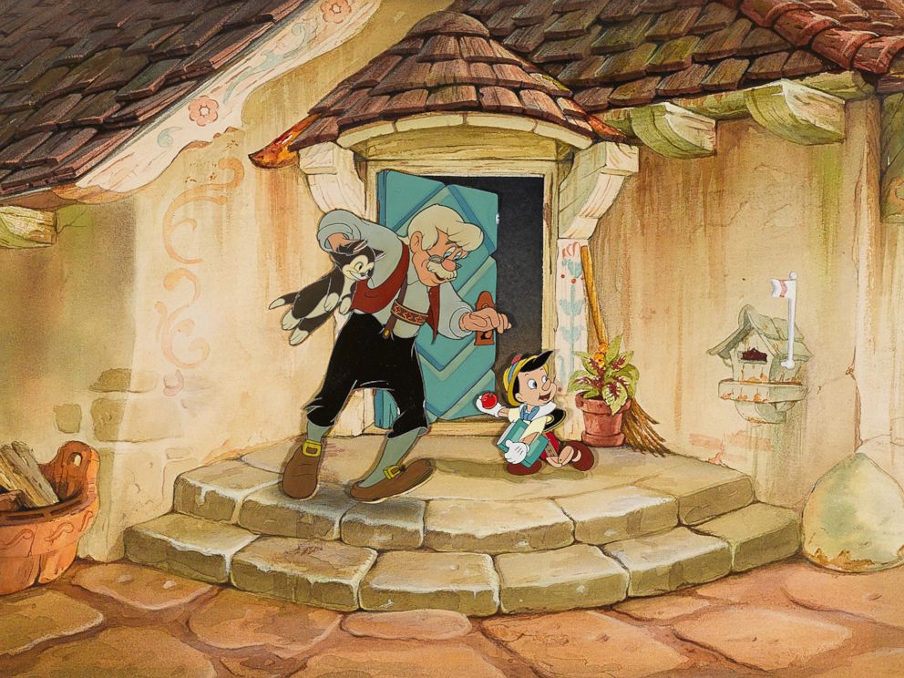 A celluloid of Geppetto, Figaro and Pinocchio from "Pinocchio," 1940. Made with gouache on trimmed celluloid, applied to its matching watercolor background and annotated, along with someone's initials, matted and framed. Estimate: $20,000-25,000.