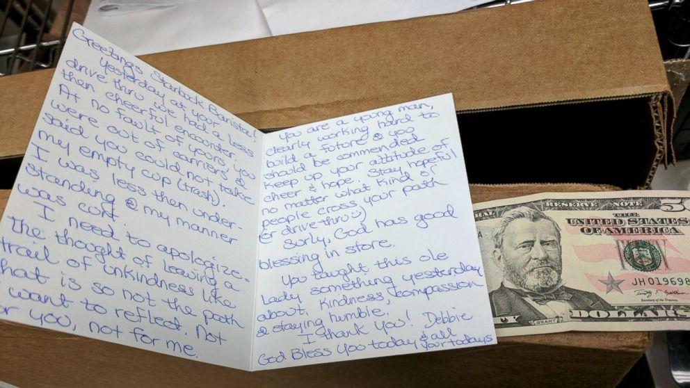 Customer returns to Starbucks with apology note and $50 after rude