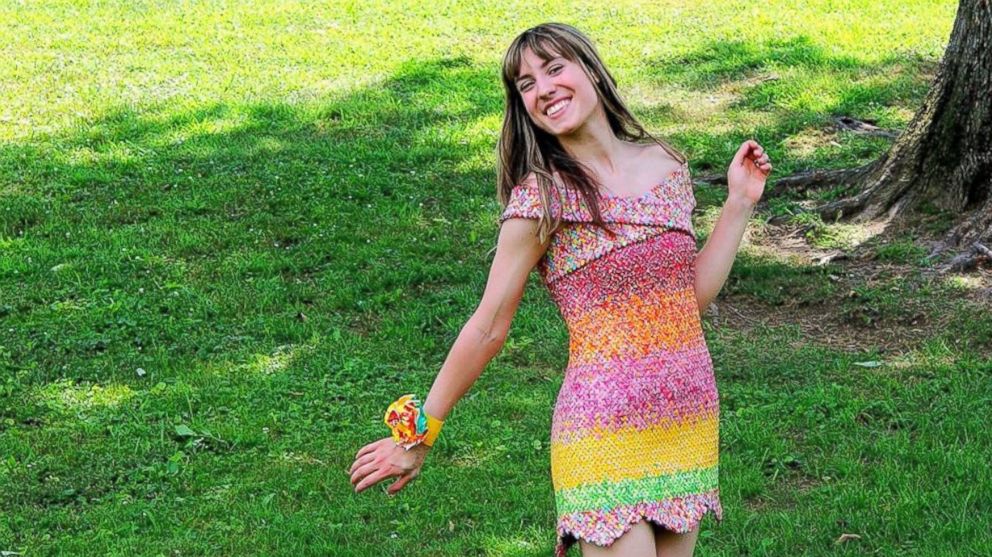 Woman makes dress entirely out of Starburst candy wrappers