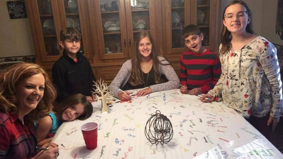 PHOTO: Deb Mills, of Clinton, Missouri, has everyone that joins them for Thanksgiving sign their name on her tablecloth.