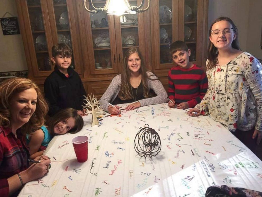 PHOTO: Deb Mills, of Clinton, Missouri, has everyone that joins them for Thanksgiving sign their name on her tablecloth.