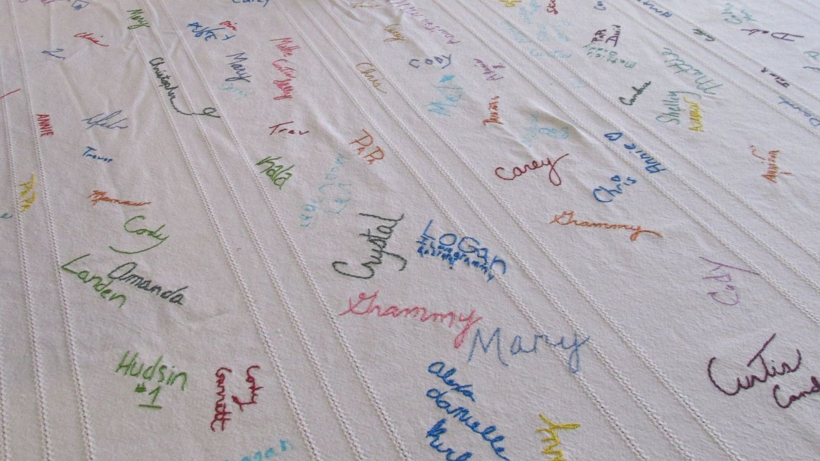 PHOTO: Deb Mills, of Clinton, Missouri, has everyone that joins them for Thanksgiving sign their name on her tablecloth.