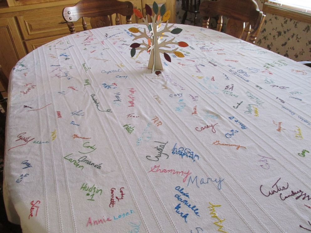 PHOTO: Deb Mills, of Clinton, Missouri, has everyone that joins them for Thanksgiving sign their name on her tablecloth.