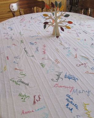 PHOTO: Deb Mills, of Clinton, Missouri, has everyone that joins them for Thanksgiving sign their name on her tablecloth.