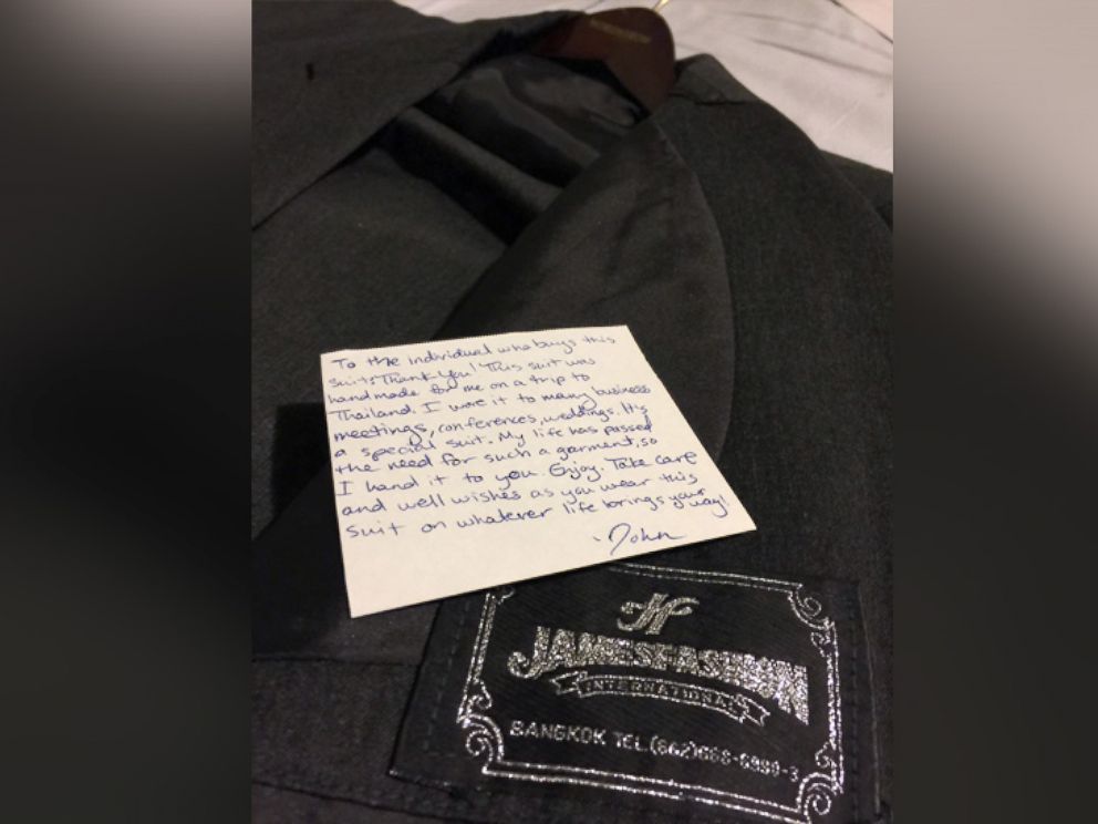 PHOTO: To help complete his goal, John Israel tucked notes into old suits before he donated them.