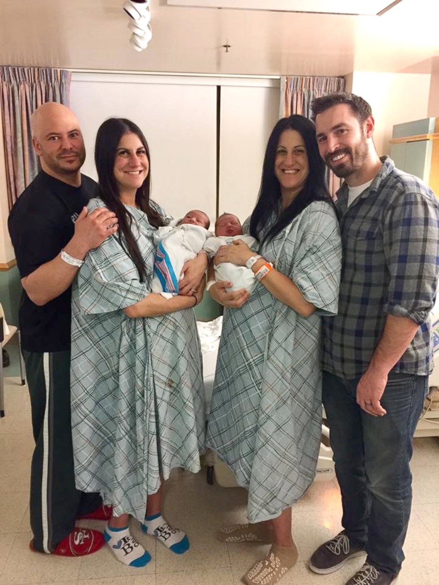 PHOTO: Twins Danielle Grant and Kim Abraham each delivered baby boys, on April 28, 2017, at Ocean Medical Center in Brick, N.J. 