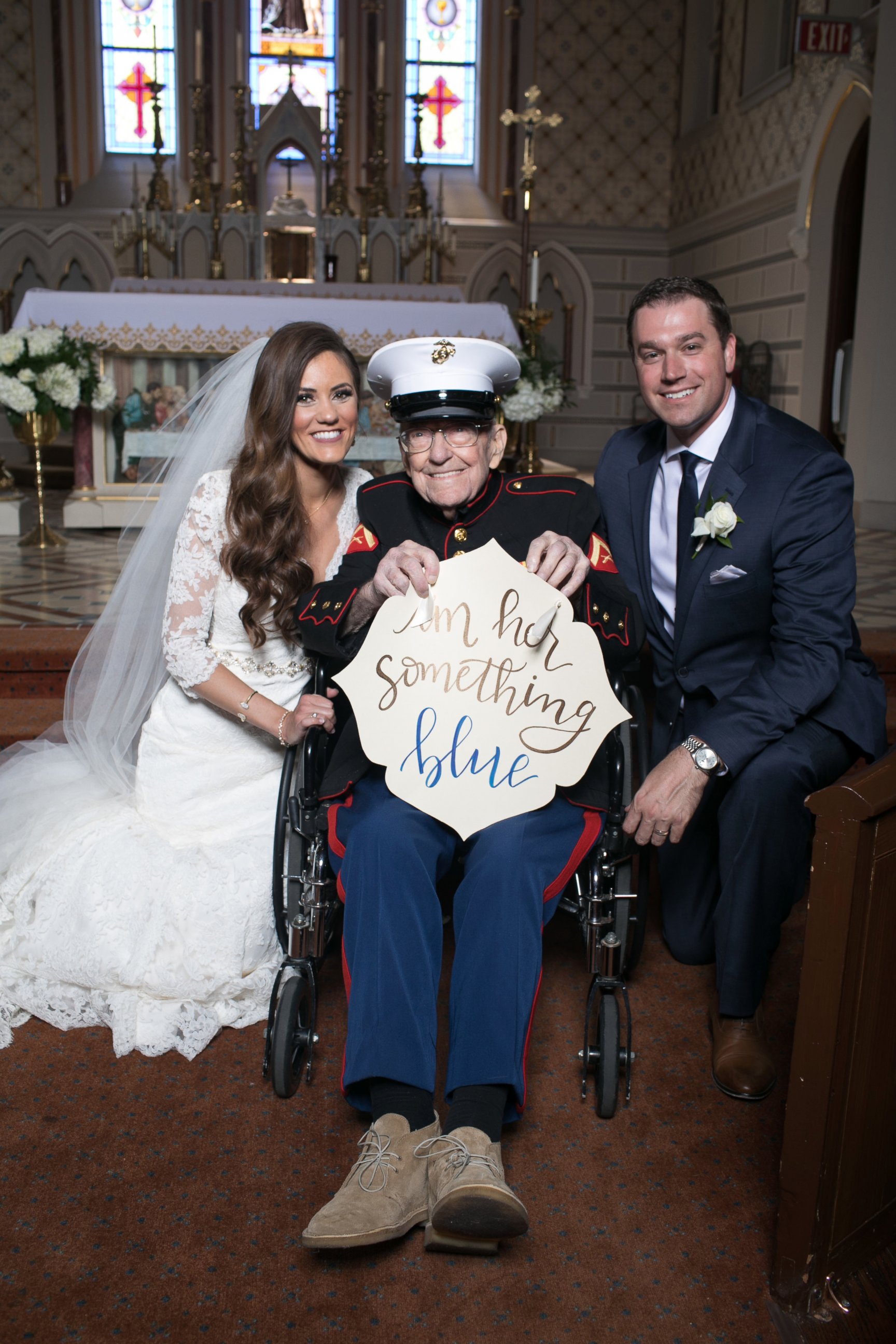 PHOTO: Alison Ferrell's 92-year-old uncle, Bill Lee Eblen, served as her "something blue" in his Marine dress blues at her May 13 wedding.