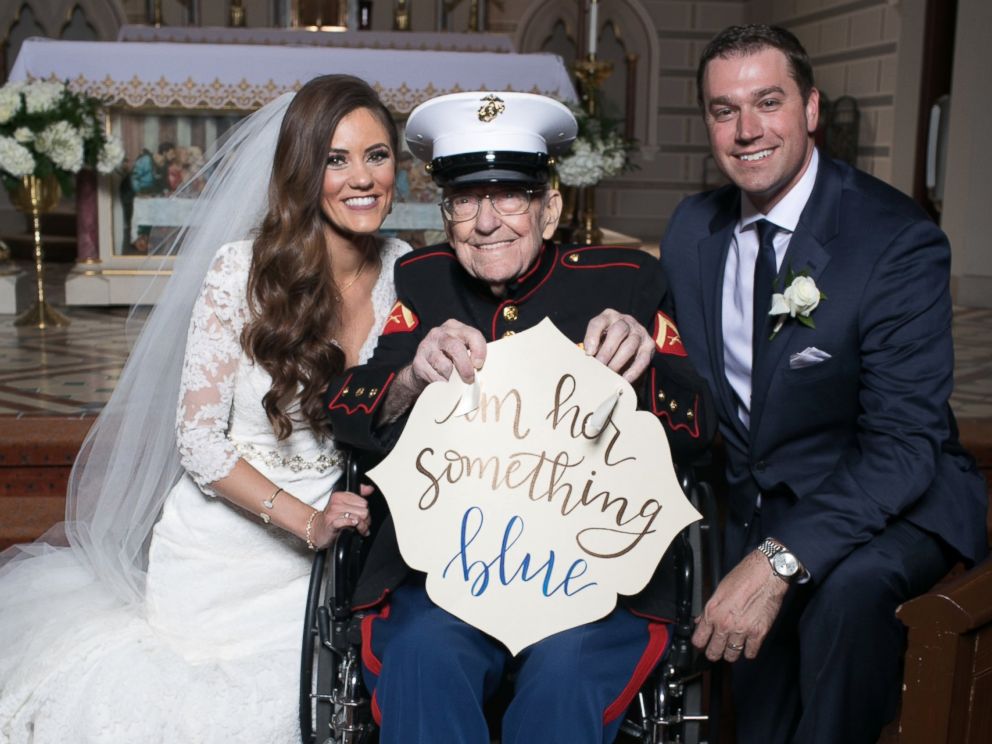 PHOTO: Alison Ferrells 92-year-old uncle, Bill Lee Eblen, served as her something blue in his Marine dress blues at her May 13 wedding.