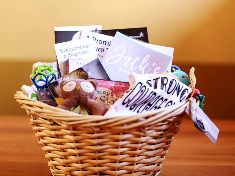 PHOTO: Jacks Basket, a non-profit organization, includes baskets filled with baby gifts including a personalized onesie, up-to-date resources, literature and avenues of support for parents of children with Down syndrome.