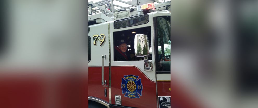 PHOTO: Bill Grun, of Doylestown, Pennsylvania, got to ride in the fire truck and sound the siren.