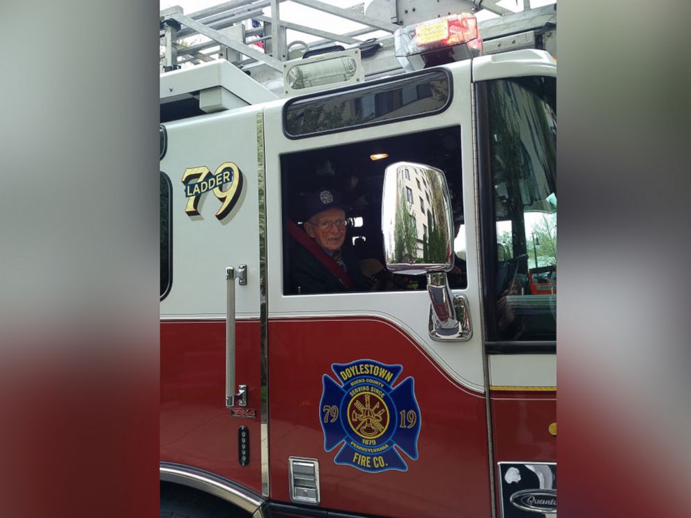 PHOTO: Bill Grun, of Doylestown, Pennsylvania, got to ride in the fire truck and sound the siren.