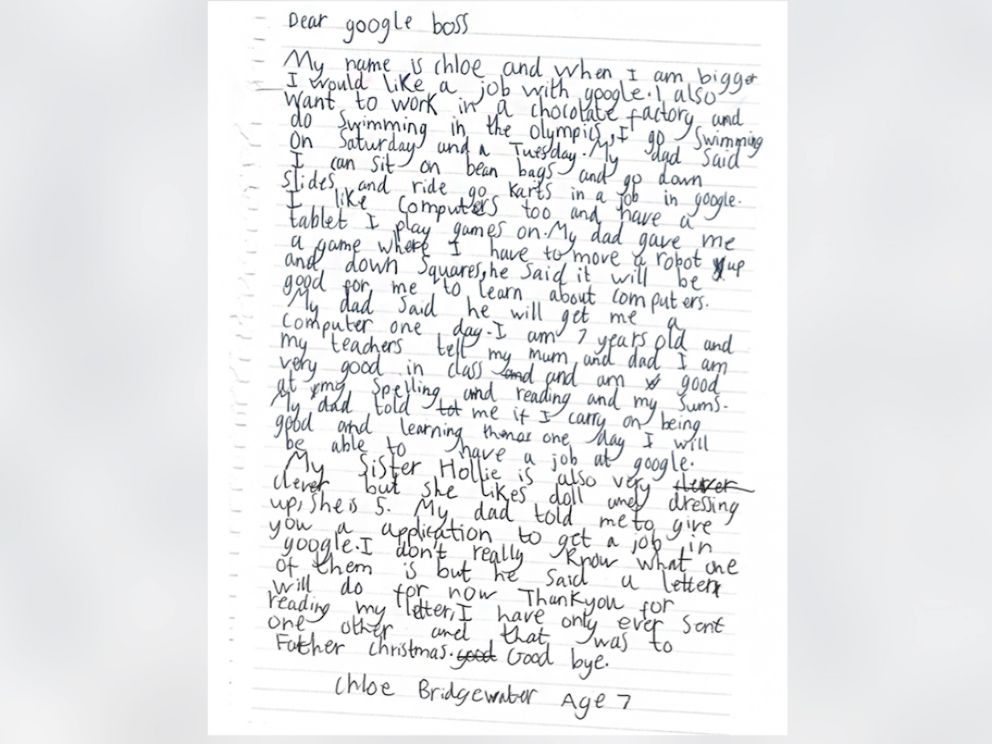 PHOTO: Andy Bridgewater's 7-year-old daughter Chloe applied for a job from Google and received a response from the CEO, Sundar Pichai.