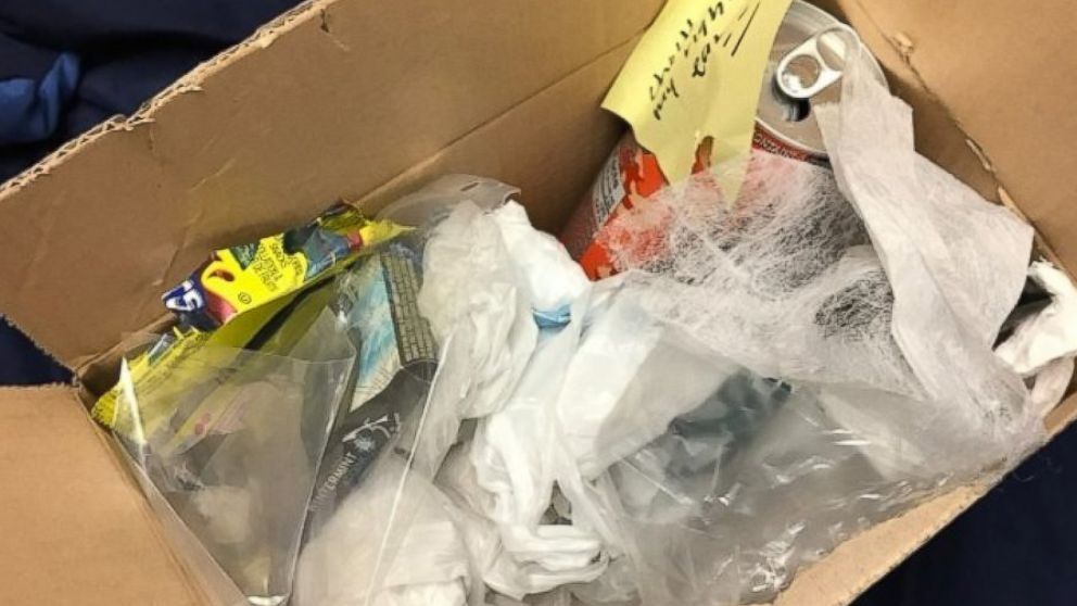 PHOTO: College student Connor Cox opened a care package from his mom, Terri, and realized it was the trash he forgot to take out.