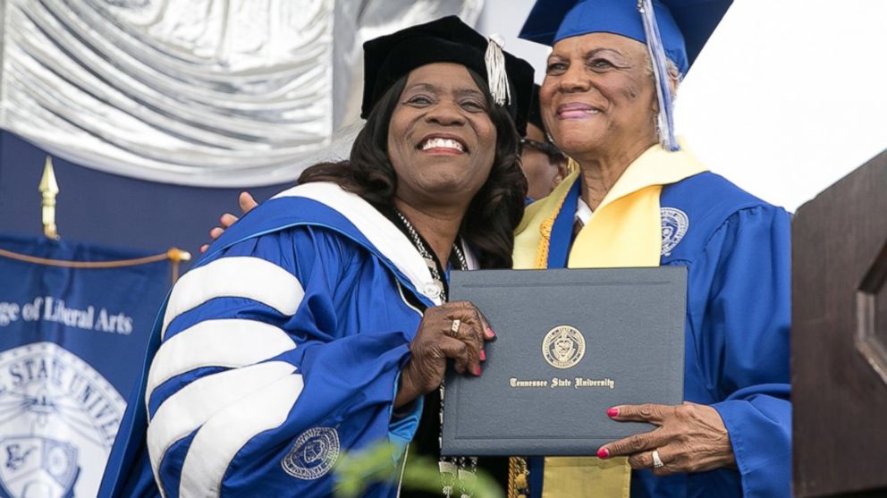 PHOTO: Tennessee State University President Glenda Glover giving Darlene Mullins her diploma on May 6, 2017.