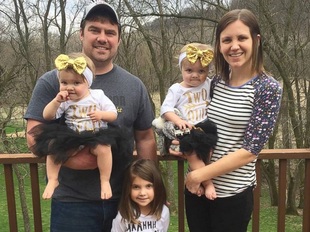 PHOTO: Kenedi and Kendal Breyfogle, almost 2, photographed with their dad Aaron, mom Abby and big sister Teagan, 4.