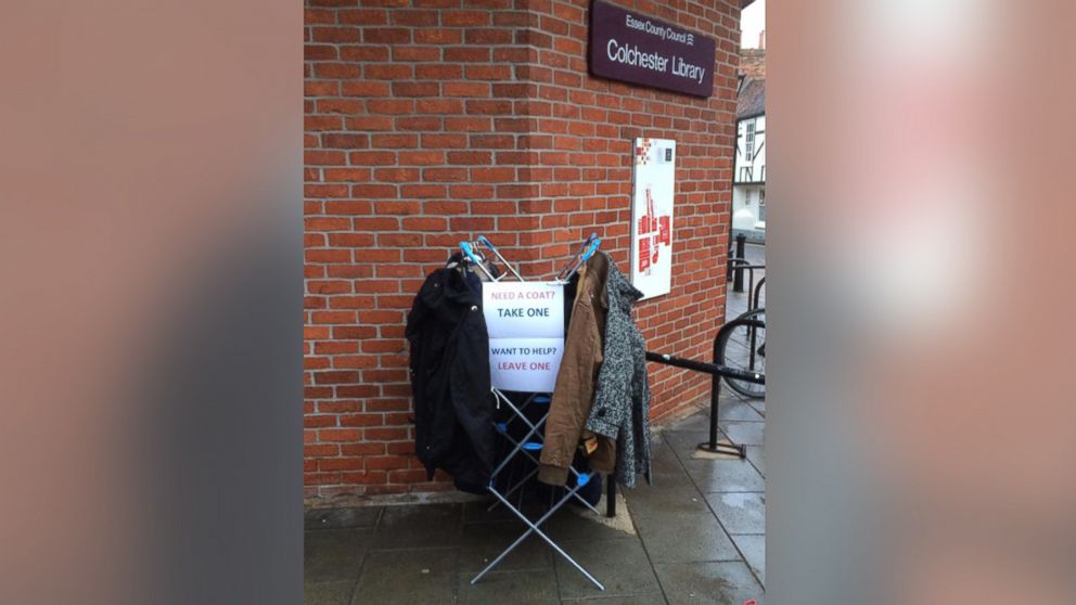 Fay Sibley, of Essex, U.K., placed a clothing rack full of coats outside of her local library to help the homeless keep warm during winter.