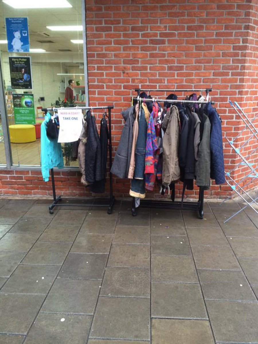 PHOTO: Fay Sibley, of Essex, U.K., placed a clothing rack full of coats outside of her local library to help the homeless keep warm during winter.