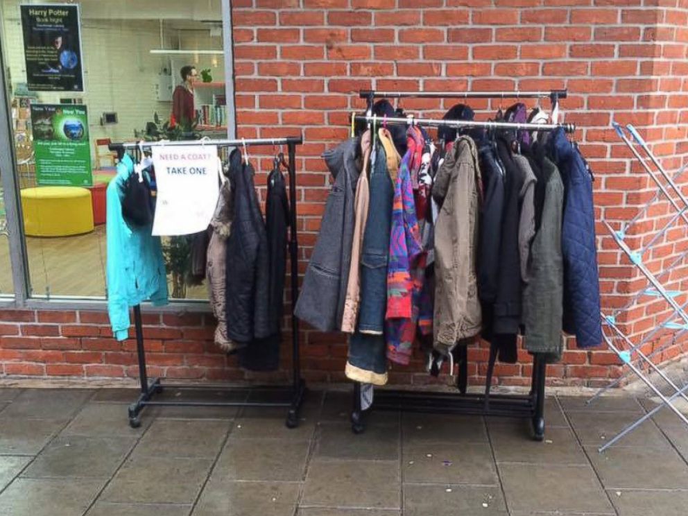 PHOTO: Fay Sibley, of Essex, U.K., placed a clothing rack full of coats outside of her local library to help the homeless keep warm during winter.