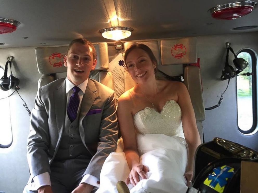 PHOTO: Justin Stone and Maria Leonardi, who wed on Saturday, had to be rescued by the Avon Volunteer Fire Department in Connecticut, after their wedding bus caught fire.