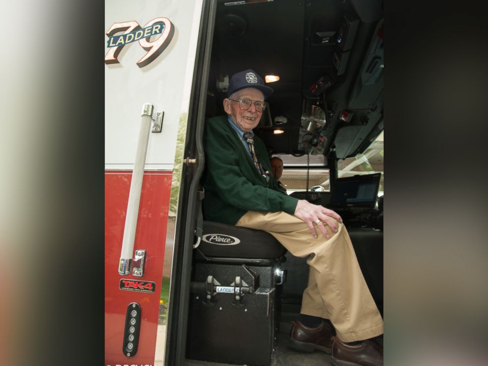 PHOTO: Bill Grun, of Doylestown, Pennsylvania, got to ride in the fire truck and sound the siren.