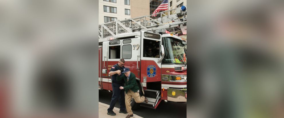 PHOTO: Bill Grun, of Doylestown, Pennsylvania, got to ride in the fire truck and sound the siren.