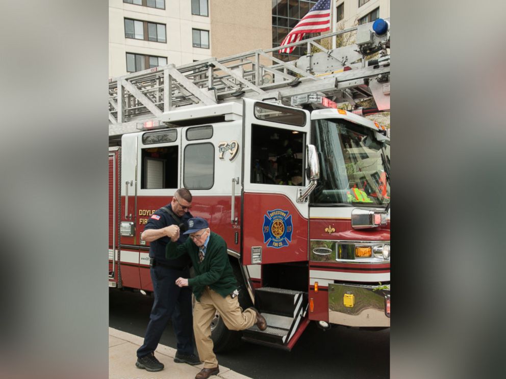 PHOTO: Bill Grun, of Doylestown, Pennsylvania, got to ride in the fire truck and sound the siren.