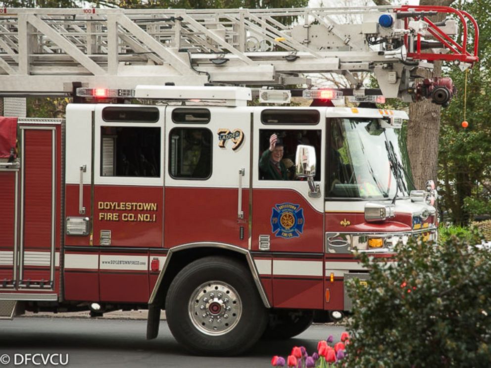 PHOTO: Bill Grun, of Doylestown, Pennsylvania, got to ride in the fire truck and sound the siren.