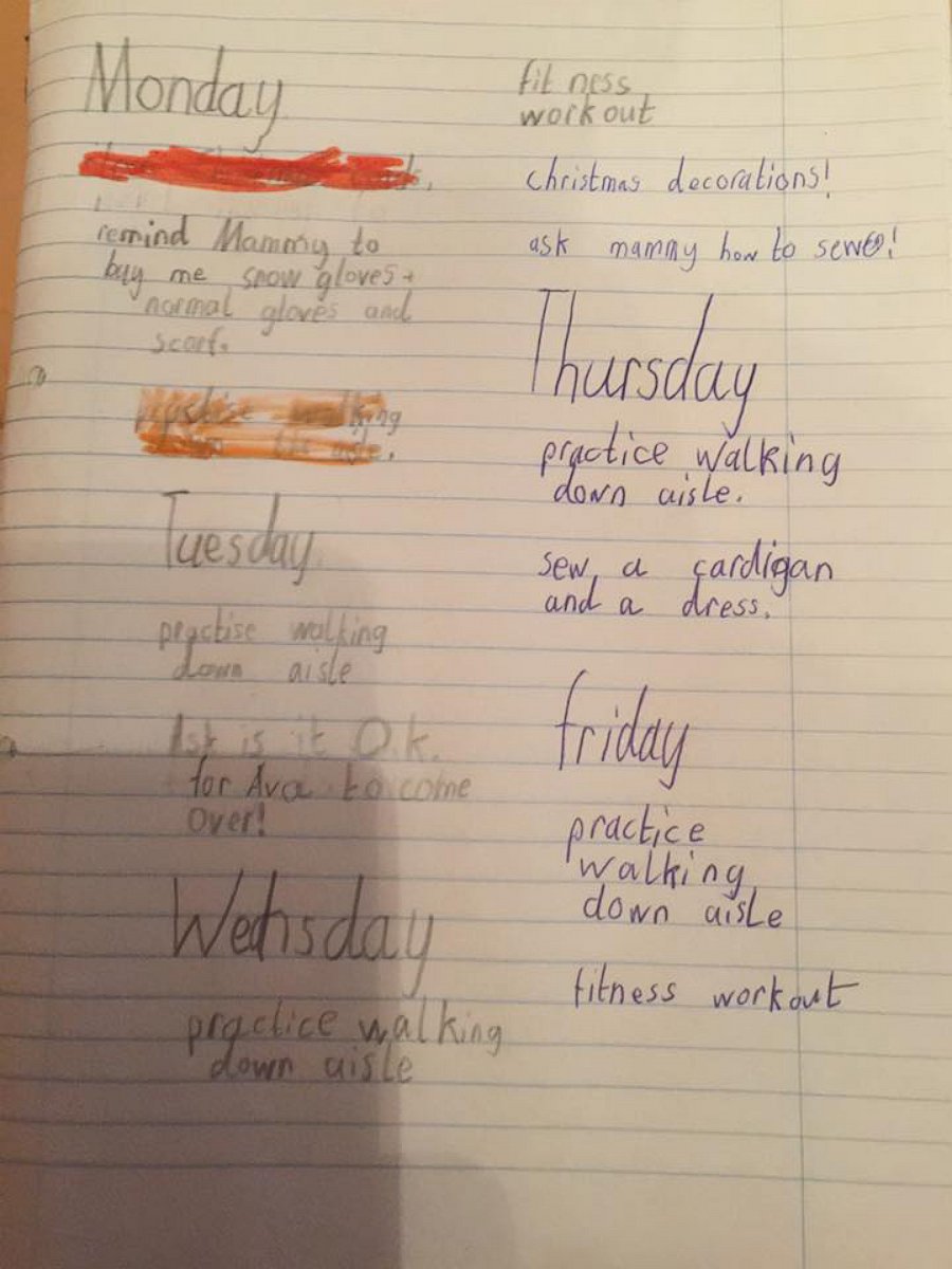 PHOTO: Richie Heneghan's 6-year-old daughter Niamh created a to-do list after she was tasked with being a flower girl at her aunt's Dec. 27 wedding.
