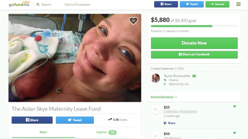 PHOTO: Taylor Richendrfer of Redmond, Washington turned to GoFundMe.com to raise donations for household and medical bills during her unpaid maternity leave.