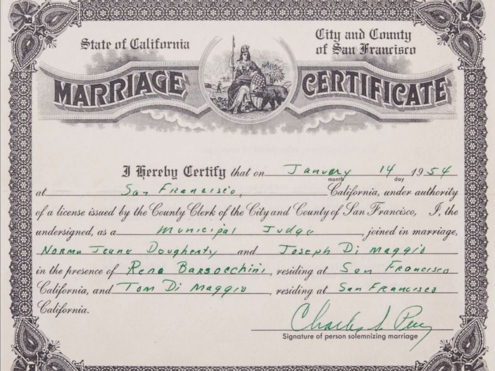 Marilyn Monroe, Joe DiMaggio's 1954 marriage certificate ...
