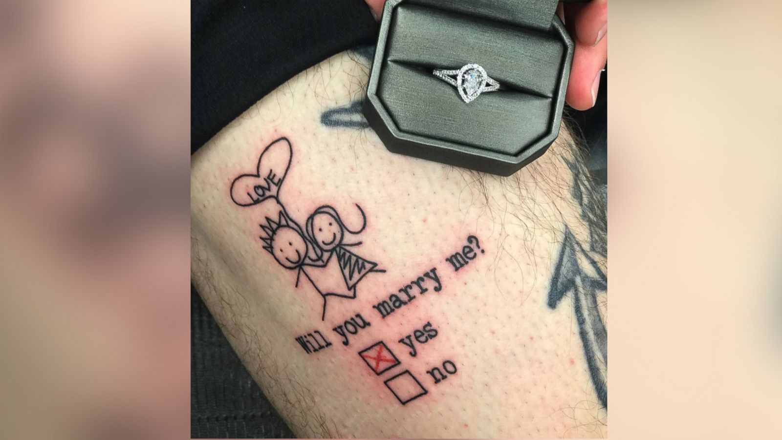 Man Surprises Girlfriend With Marriage Proposal Tattoo He Tricks Her Into Inking On Him Abc News
