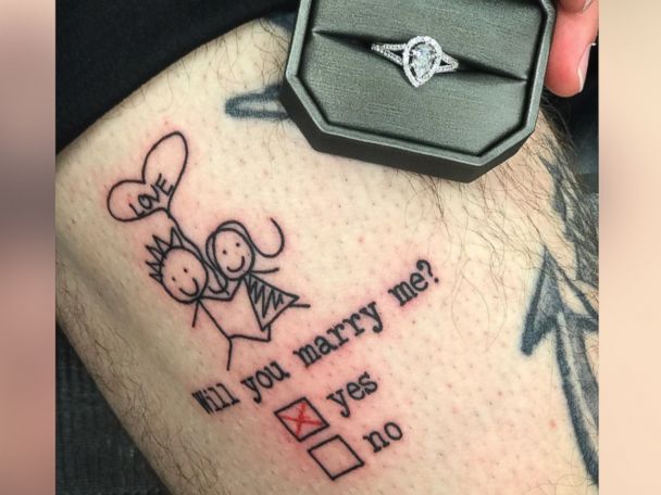 Man Surprises Girlfriend With Marriage Proposal Tattoo He Tricks Her Into Inking On Him Abc News