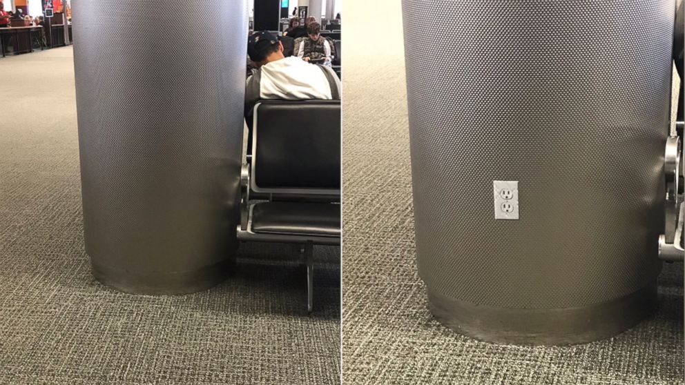 David McDonald created outlet stickers to hilariously confuse those in the Miami International Airport on June 14, 2017.