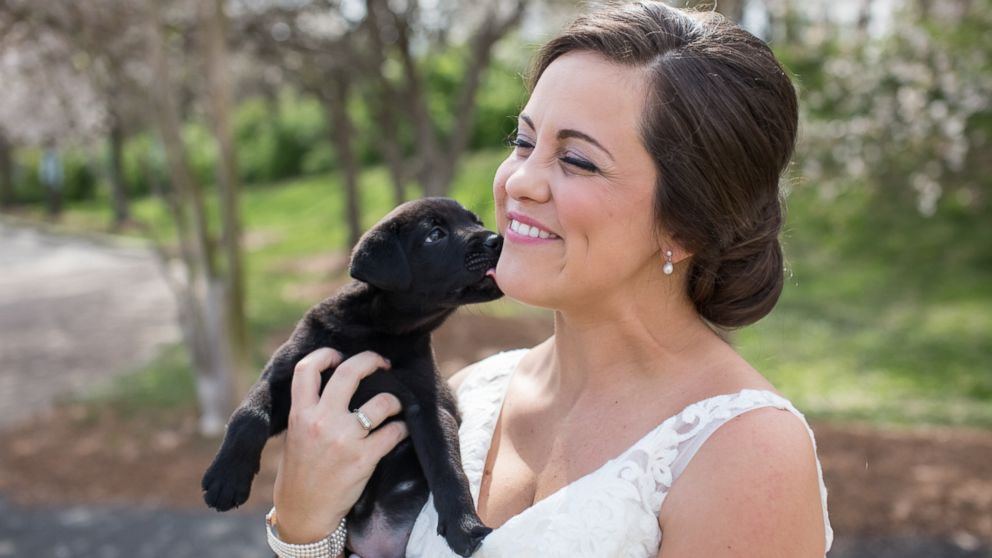 PHOTO: Bridesmaids trade bouquets for rescue puppies in Meghan Butler's North Carolina wedding photos. 