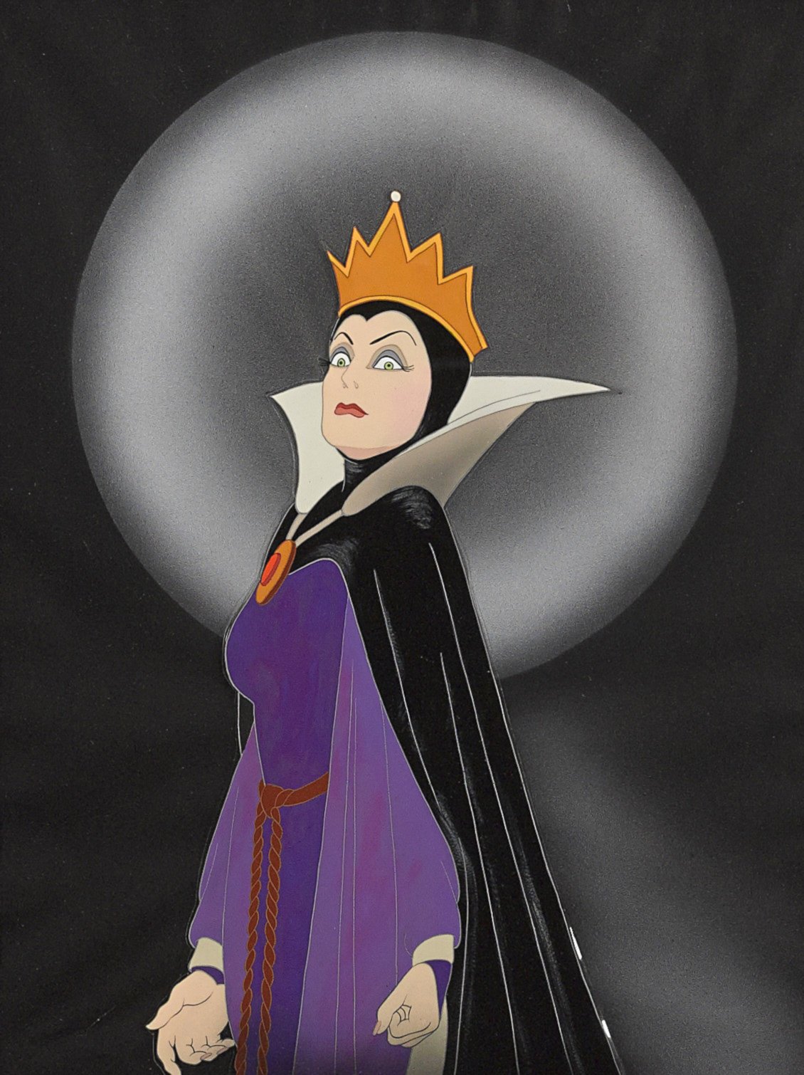 PHOTO: A celluloid of the Queen from "Snow White and the Seven Dwarfs," Walt Disney Studios, 1937. Made with gouache on trimmed celluloid, applied to a Courvoisier watercolor paper background, matted and framed. Estimate: $10,000-15,000.