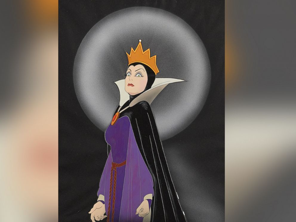 PHOTO: A celluloid of the Queen from Snow White and the Seven Dwarfs, Walt Disney Studios, 1937. Made with gouache on trimmed celluloid, applied to a Courvoisier watercolor paper background, matted and framed. Estimate: $10,000-15,000.
