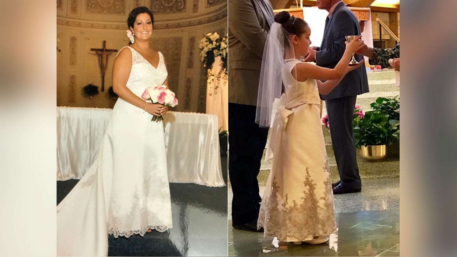 Girl wears First Communion dress made from mom's wedding gown