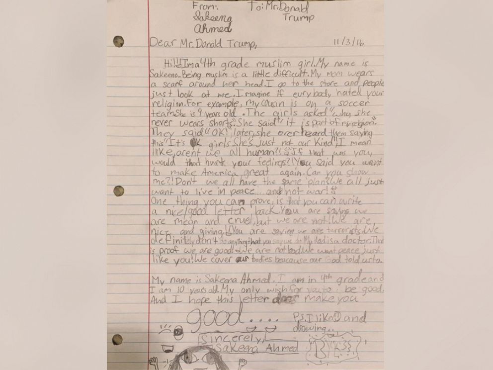 PHOTO: Sakeena Ahmed, 9, of Illinois, wrote a letter to Donald Trump, begging him to "be good."